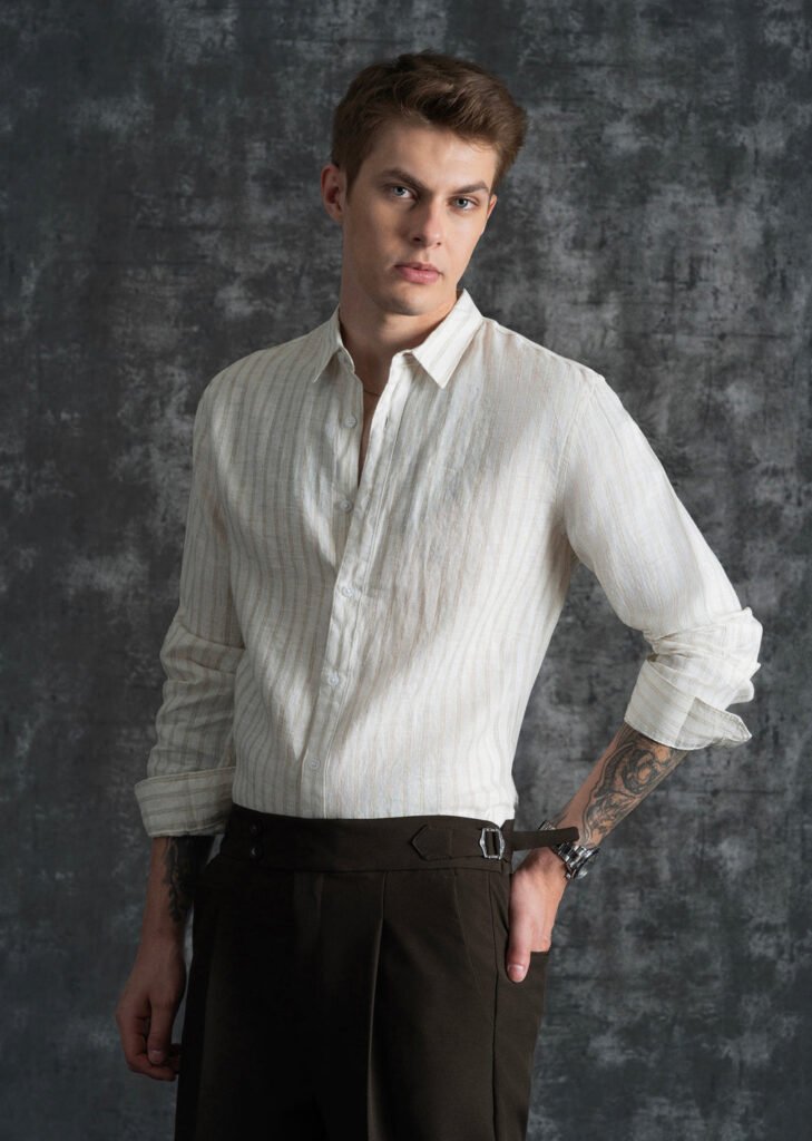 100% Linen Off-White Classic Stripe Shirt