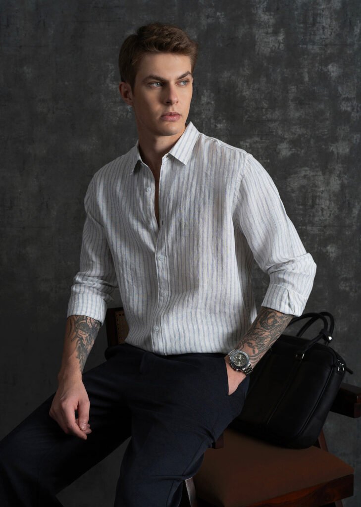 100% Linen Off-White Self-Stripe Shirt