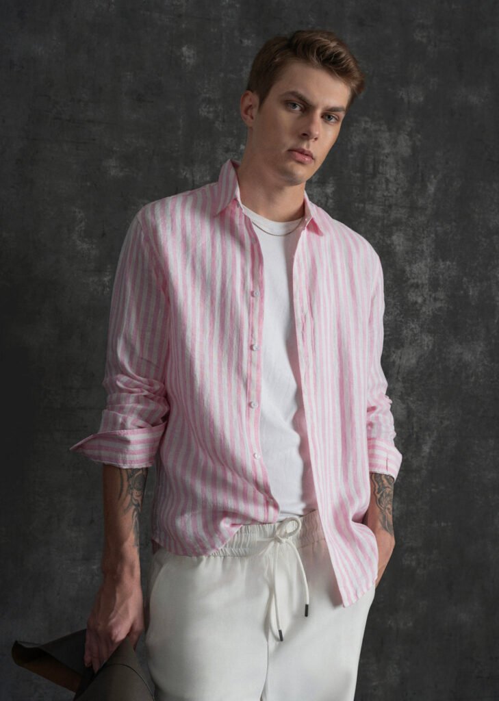 100% Linen Pink Stripe Shirt