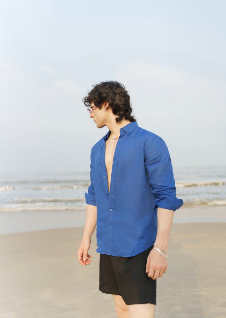 100% Pure Linen Blue Plain Shirt