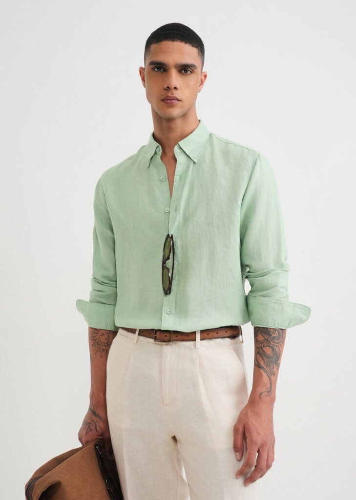 100% Pure Linen Green Shirt