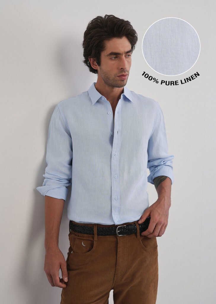 100% Pure Linen Light Blue Plain Shirt
