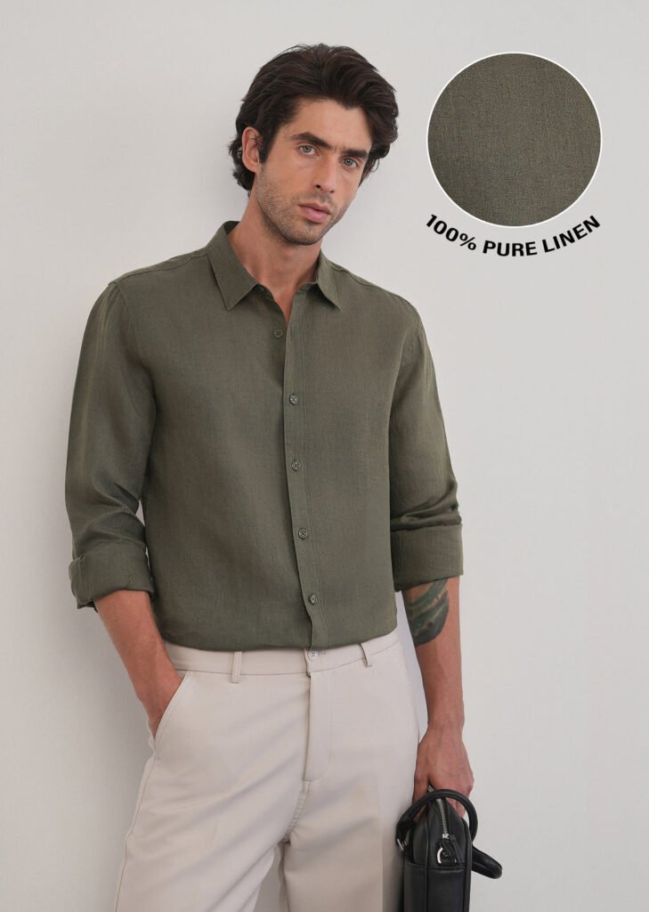 100% Pure Linen Olive Green Plain Shirt
