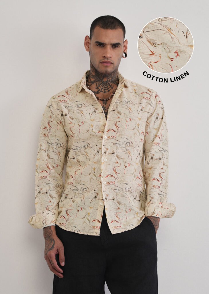 Beige Marble Print Cotton Linen Shirt