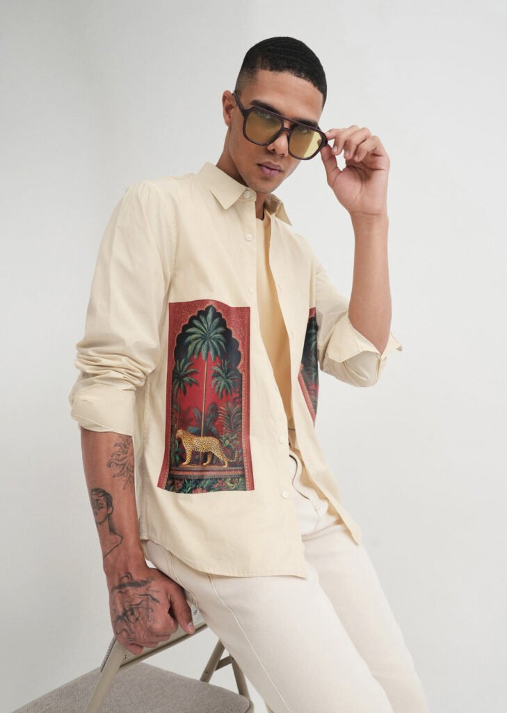 Beige Placement Print Cotton Shirt